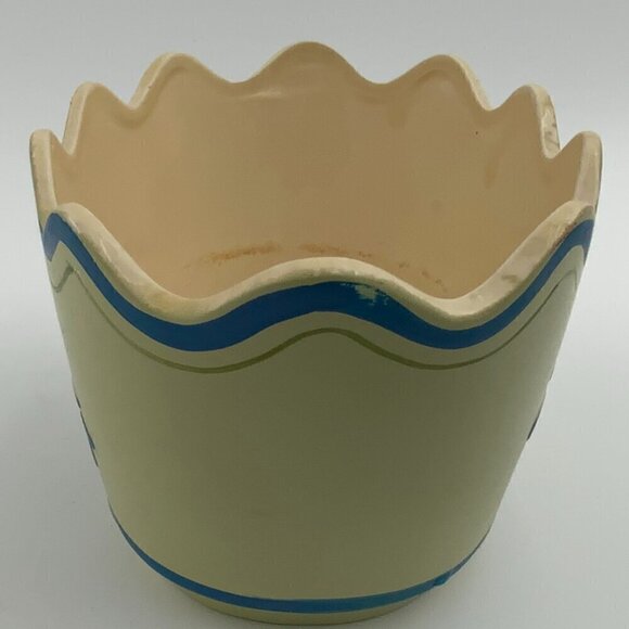 Vintage 1960s Inarco Ceramic Pot Yellow & Blue Scalloped Top Hand-painted E-4538 - Picture 6 of 7